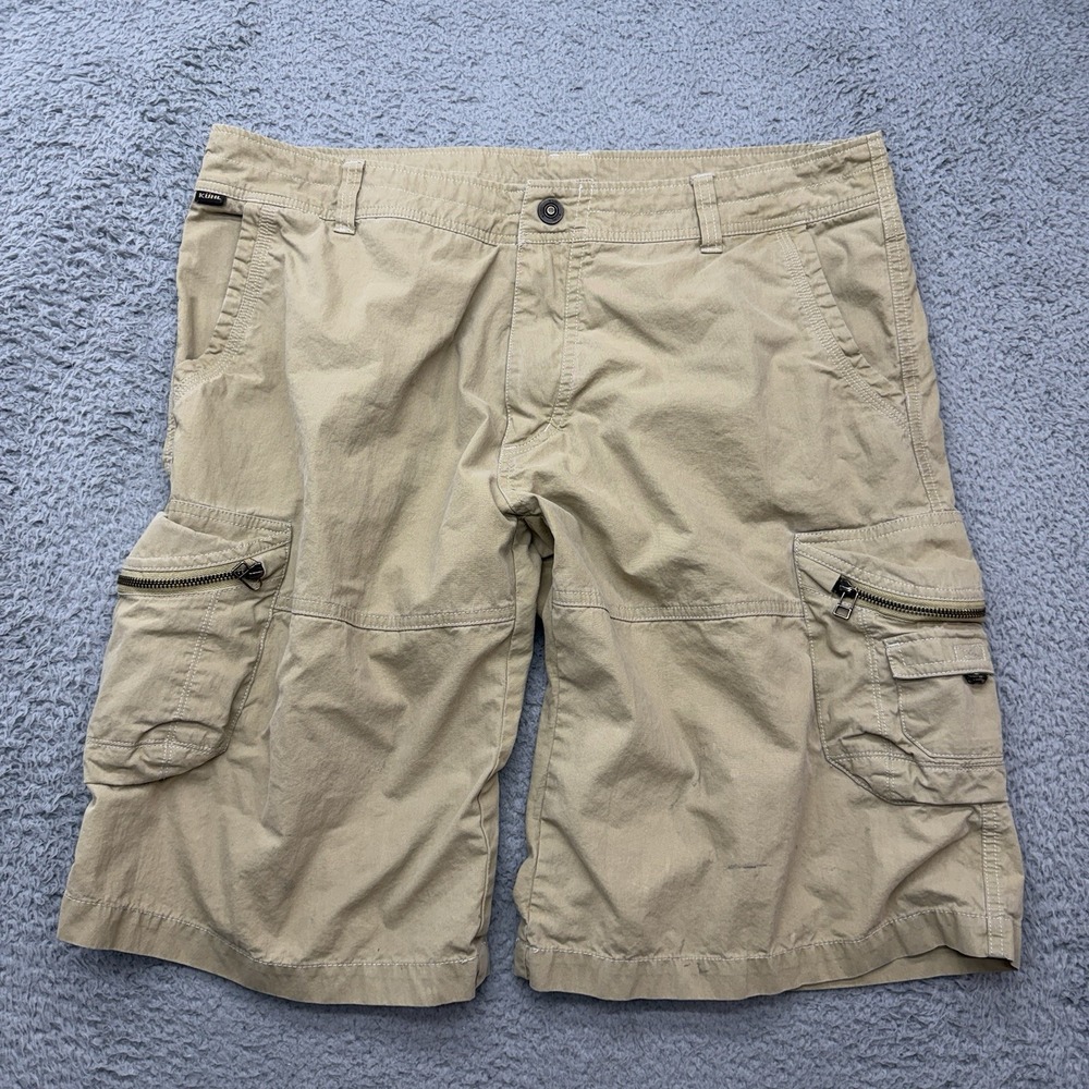 Kuhl Ambush Cargo Hiking Shorts Mens 38 Khaki Patina Dye Zip Pockets Outdoor